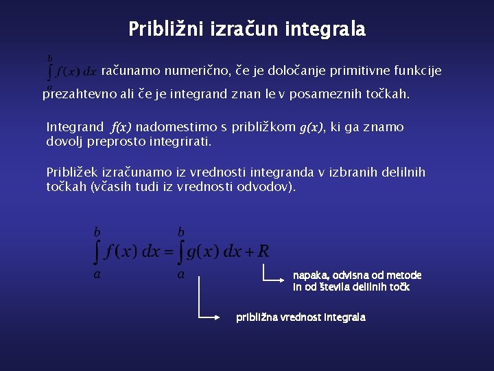 Približni izračun integrala računamo numerično, če je določanje primitivne funkcije prezahtevno ali če je