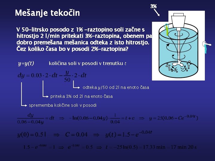 3% Mešanje tekočin V 50 -litrsko posodo z 1% -raztopino soli začne s hitrostjo