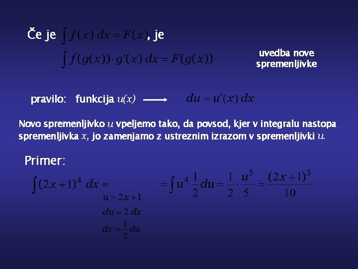 Če je , je uvedba nove spremenljivke pravilo: funkcija u(x) Novo spremenljivko u vpeljemo