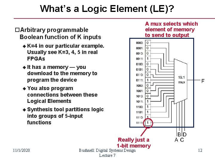 What’s a Logic Element (LE)? A mux selects which element of memory to send