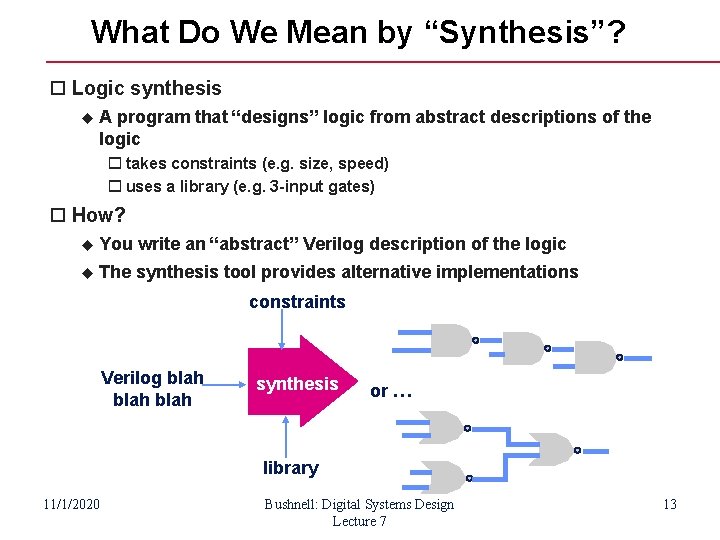 What Do We Mean by “Synthesis”? Logic synthesis A program that “designs” logic from