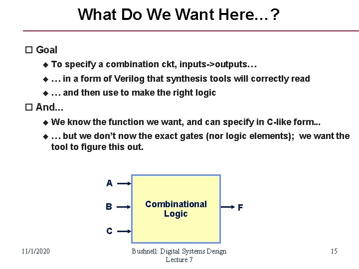 What Do We Want Here…? Goal To specify a combination ckt, inputs->outputs… … in