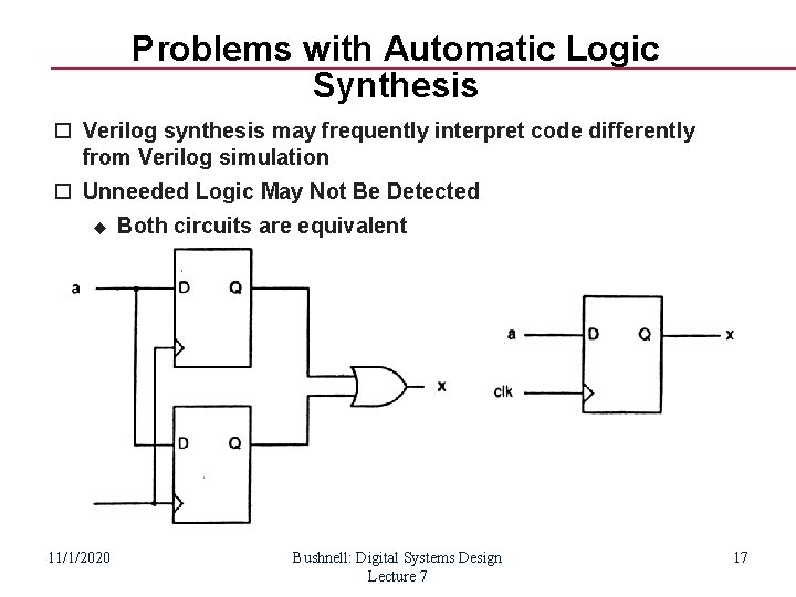 Problems with Automatic Logic Synthesis Verilog synthesis may frequently interpret code differently from Verilog