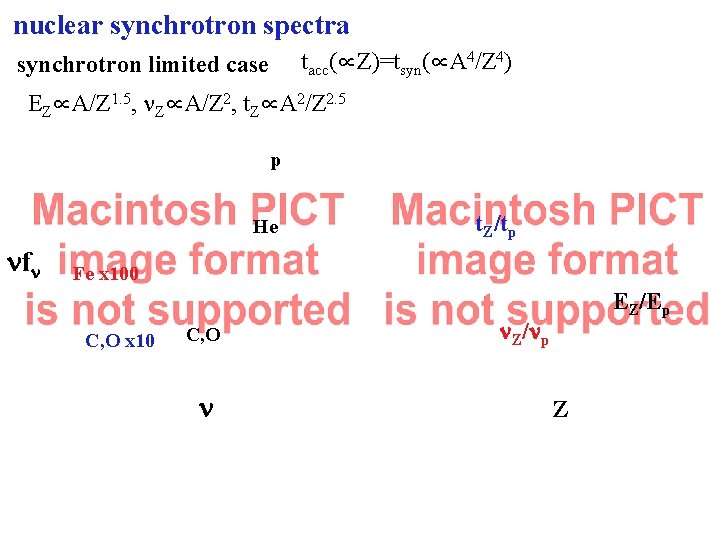 nuclear synchrotron spectra tacc(∝Z)=tsyn(∝A 4/Z 4) synchrotron limited case EZ∝A/Z 1. 5, n. Z∝A/Z