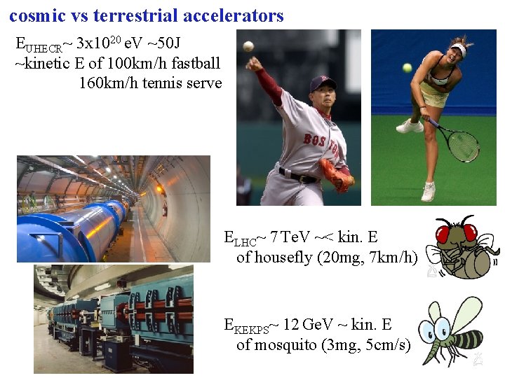 cosmic vs terrestrial accelerators EUHECR~ 3 x 1020 e. V ~50 J ~kinetic E