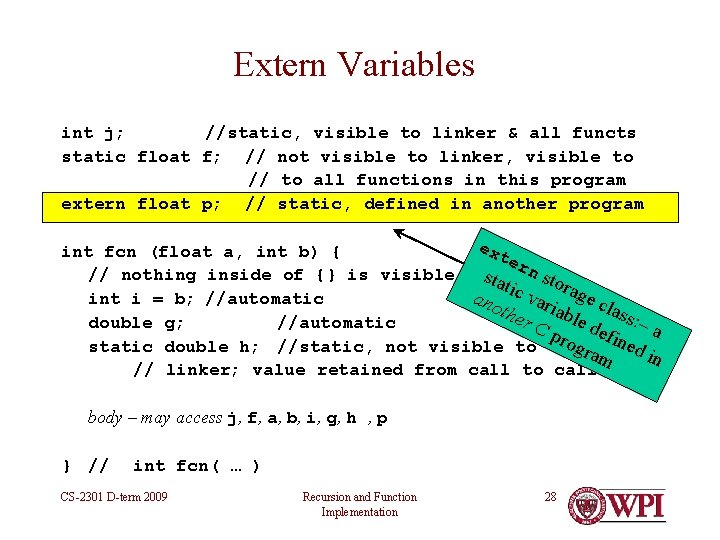 Extern Variables int j; //static, visible to linker & all functs static float f; Extern Variables int j; //static, visible to linker & all functs static float f;