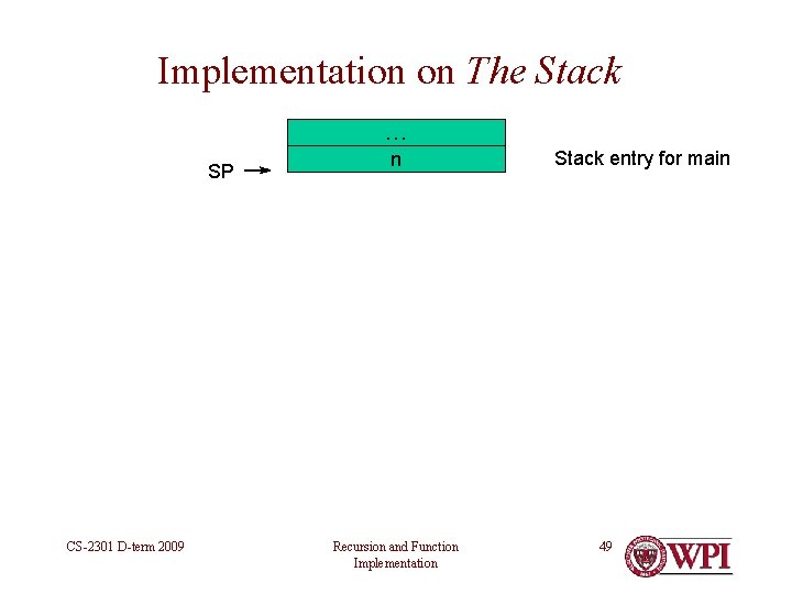 Implementation on The Stack … SP CS-2301 D-term 2009 n Recursion and Function Implementation Implementation on The Stack … SP CS-2301 D-term 2009 n Recursion and Function Implementation