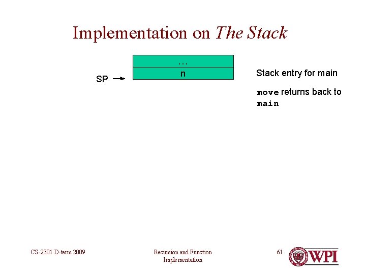 Implementation on The Stack … SP n Stack entry for main move returns back Implementation on The Stack … SP n Stack entry for main move returns back
