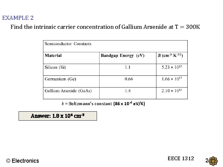 EXAMPLE 2 Find the intrinsic carrier concentration of Gallium Arsenide at T = 300