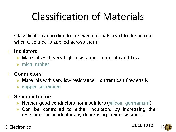 Classification of Materials Classification according to the way materials react to the current when