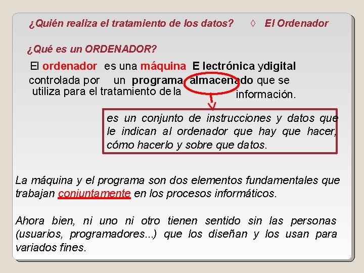 ¿Quién realiza el tratamiento de los datos? El Ordenador ¿Qué es un ORDENADOR? El