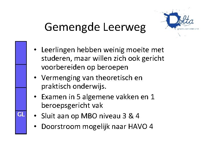 Gemengde Leerweg (G) GL • Leerlingen hebben weinig moeite met studeren, maar willen zich Gemengde Leerweg (G) GL • Leerlingen hebben weinig moeite met studeren, maar willen zich
