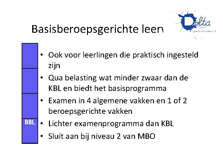 Basisberoepsgerichte leerweg (B) BBL • Ook voor leerlingen die praktisch ingesteld zijn • Qua Basisberoepsgerichte leerweg (B) BBL • Ook voor leerlingen die praktisch ingesteld zijn • Qua
