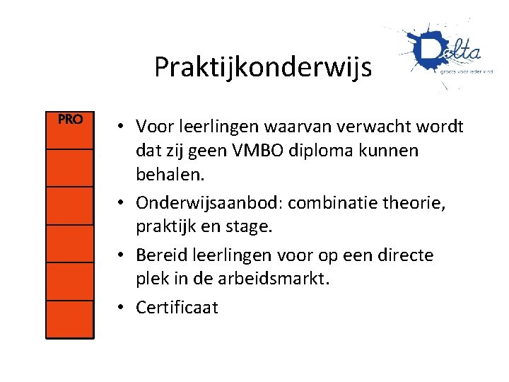 Praktijkonderwijs PRO • Voor leerlingen waarvan verwacht wordt dat zij geen VMBO diploma kunnen Praktijkonderwijs PRO • Voor leerlingen waarvan verwacht wordt dat zij geen VMBO diploma kunnen