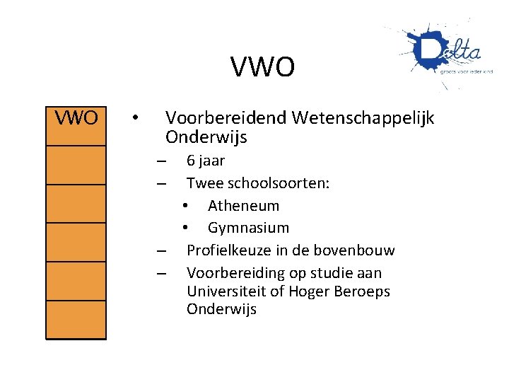 VWO • Voorbereidend Wetenschappelijk Onderwijs 6 jaar Twee schoolsoorten: • Atheneum • Gymnasium –