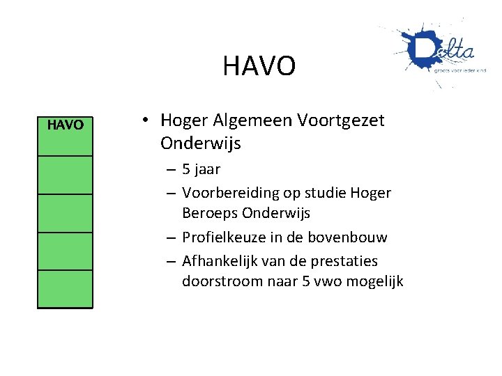 HAVO • Hoger Algemeen Voortgezet Onderwijs – 5 jaar – Voorbereiding op studie Hoger HAVO • Hoger Algemeen Voortgezet Onderwijs – 5 jaar – Voorbereiding op studie Hoger