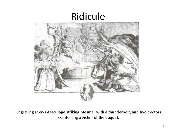 Ridicule Engraving shows Aesculape striking Mesmer with a thunderbolt, and two doctors comforting a