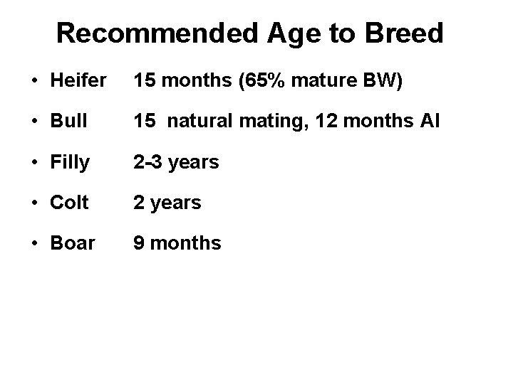 Recommended Age to Breed • Heifer 15 months (65% mature BW) • Bull 15