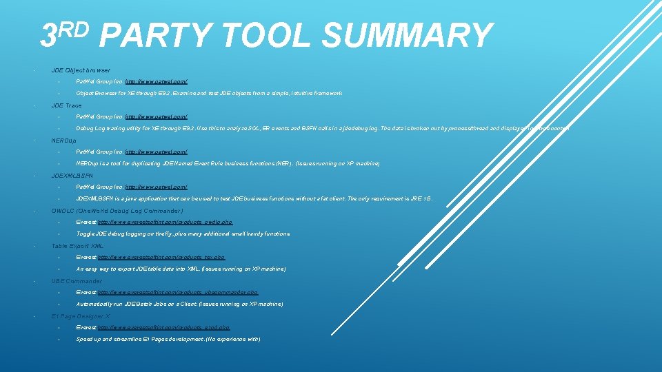 RD 3 • • PARTY TOOL SUMMARY JDE Object browser • Pat. Wel Group