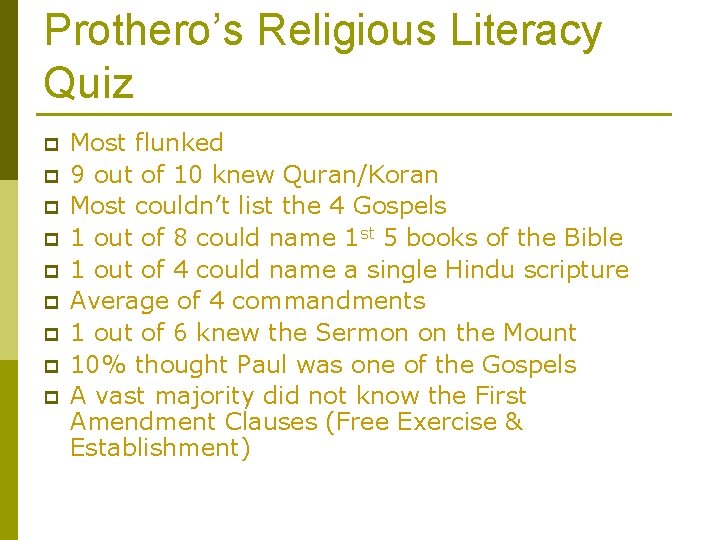 Prothero’s Religious Literacy Quiz p p p p p Most flunked 9 out of Prothero’s Religious Literacy Quiz p p p p p Most flunked 9 out of
