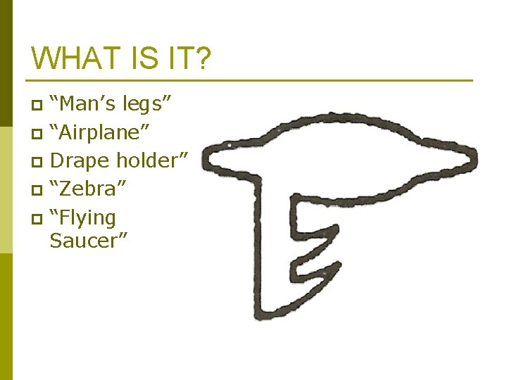 WHAT IS IT? “Man’s legs” p “Airplane” p Drape holder” p “Zebra” p “Flying WHAT IS IT? “Man’s legs” p “Airplane” p Drape holder” p “Zebra” p “Flying
