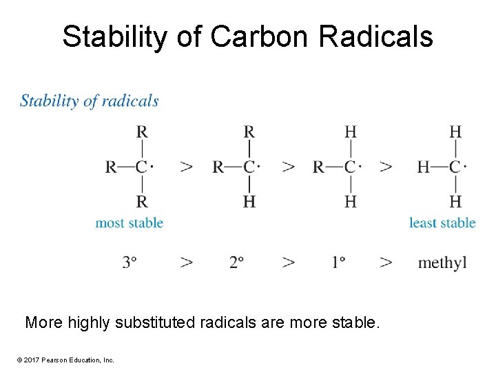 Stability of Carbon Radicals More highly substituted radicals are more stable. © 2017 Pearson