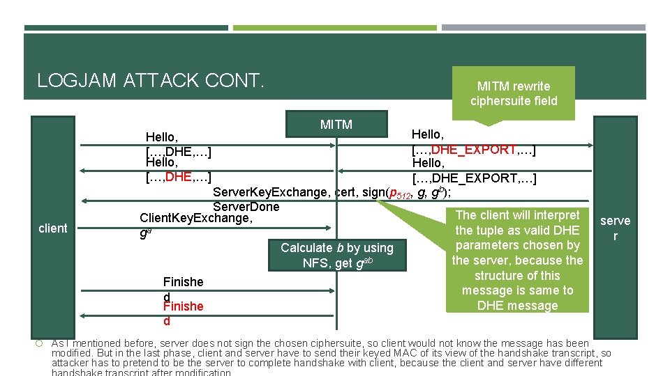 LOGJAM ATTACK CONT. MITM Hello, […, DHE_EXPORT, …] Server. Key. Exchange, cert, sign(p 512,