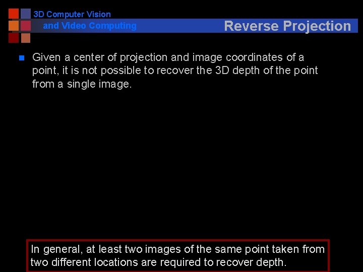 3 D Computer Vision and Video Computing n Reverse Projection Given a center of