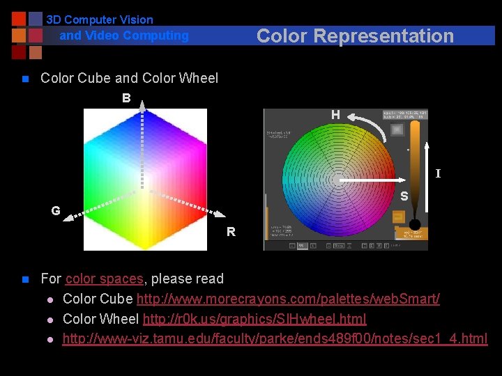 3 D Computer Vision Color Representation and Video Computing n Color Cube and Color