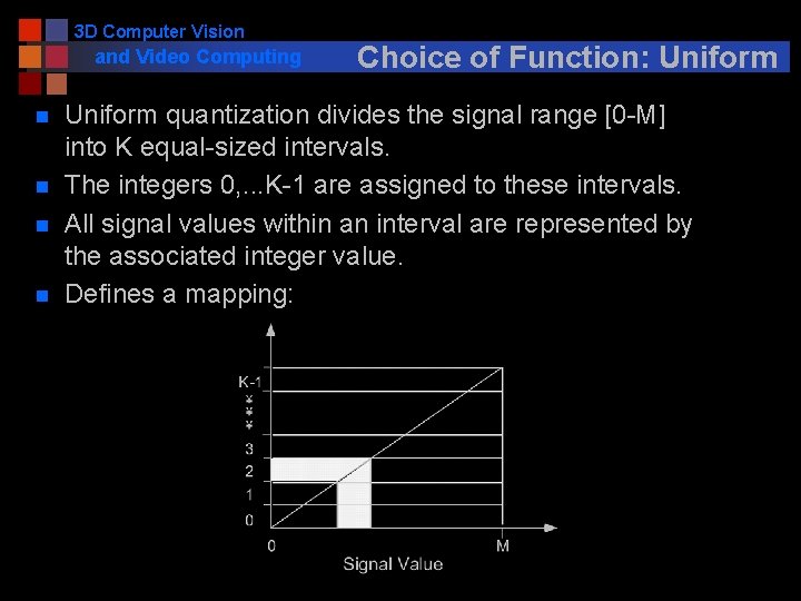 3 D Computer Vision and Video Computing n n Choice of Function: Uniform quantization