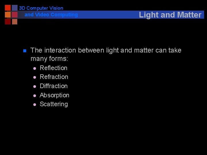 3 D Computer Vision and Video Computing n Light and Matter The interaction between