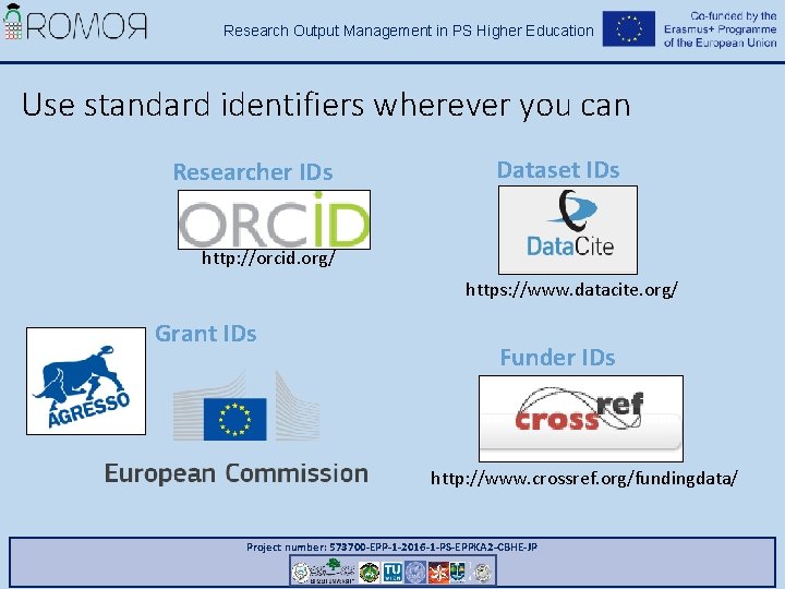 Research Output Management in PS Higher Education Use standard identifiers wherever you can Researcher