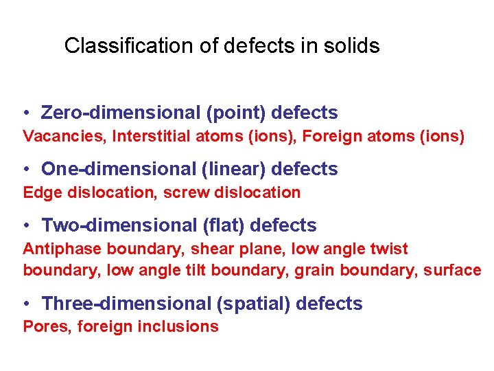 Classification of defects in solids • Zero-dimensional (point) defects Vacancies, Interstitial atoms (ions), Foreign