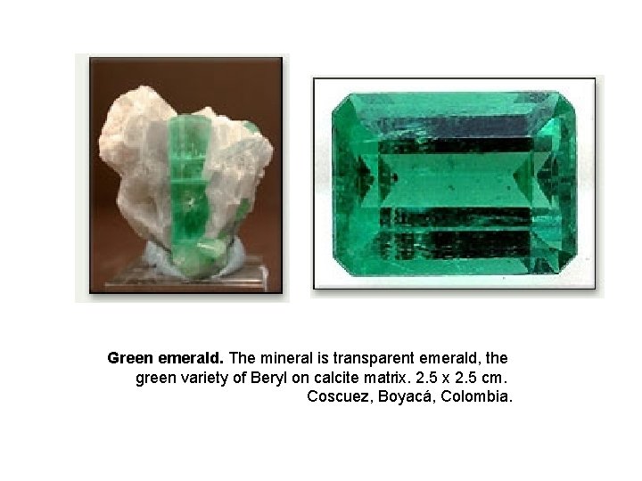 Green emerald. The mineral is transparent emerald, the green variety of Beryl on calcite