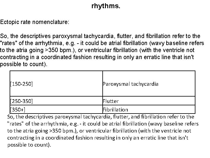 rhythms. Ectopic rate nomenclature: So, the descriptives paroxysmal tachycardia, flutter, and fibrillation refer to