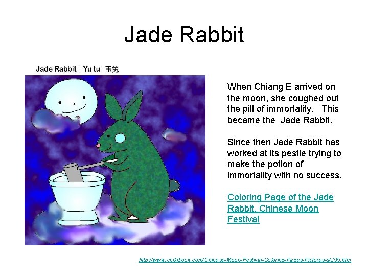 Jade Rabbit When Chiang E arrived on the moon, she coughed out the pill