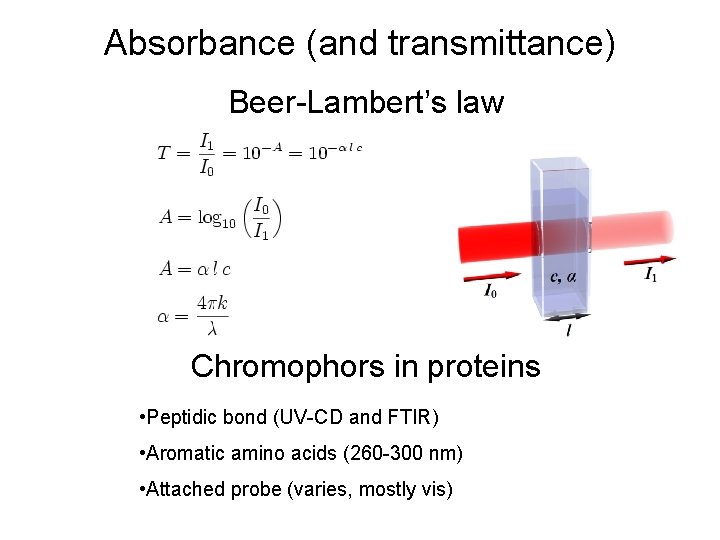 Absorbance (and transmittance) Beer-Lambert’s law Chromophors in proteins • Peptidic bond (UV-CD and FTIR)