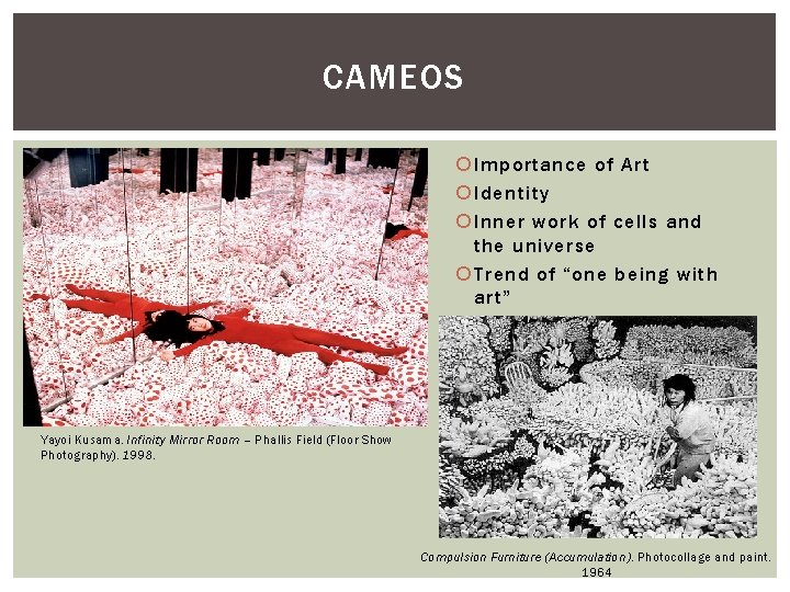 CAMEOS Importance of Art Identity Inner work of cells and the universe Trend of