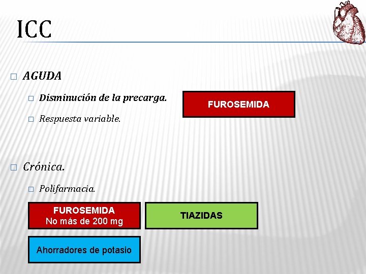 ICC � � AGUDA � Disminución de la precarga. � Respuesta variable. FUROSEMIDA Crónica.