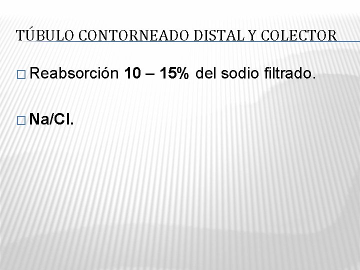 TÚBULO CONTORNEADO DISTAL Y COLECTOR � Reabsorción � Na/Cl. 10 – 15% del sodio