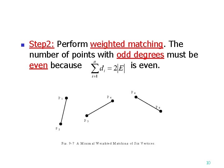 n Step 2: Perform weighted matching. The number of points with odd degrees must