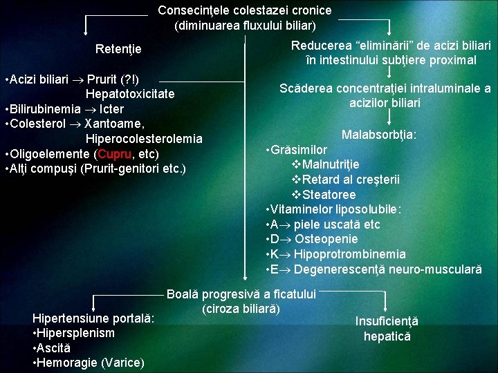 Consecinţele colestazei cronice (diminuarea fluxului biliar) Reducerea “eliminării” de acizi biliari în intestinului subţiere