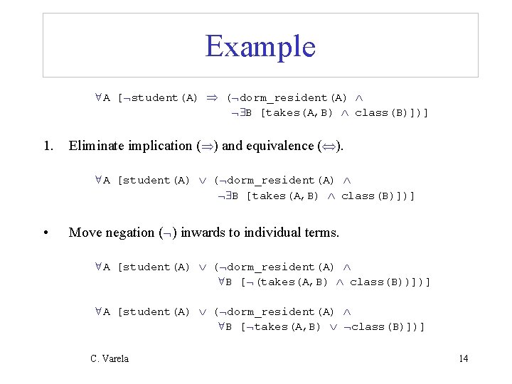 Example A [ student(A) ( dorm_resident(A) B [takes(A, B) class(B)])] 1. Eliminate implication (