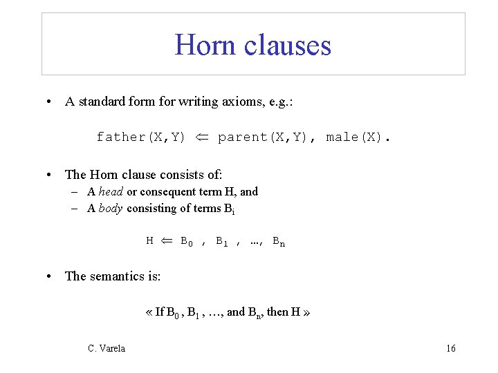 Horn clauses • A standard form for writing axioms, e. g. : father(X, Y)