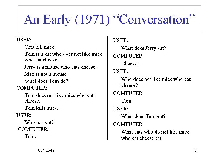 An Early (1971) “Conversation” USER: Cats kill mice. Tom is a cat who does