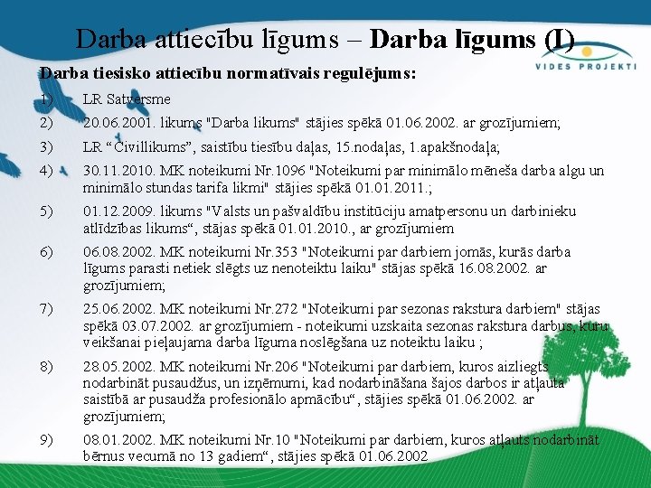 Darba attiecību līgums – Darba līgums (I) Darba tiesisko attiecību normatīvais regulējums: 1) LR