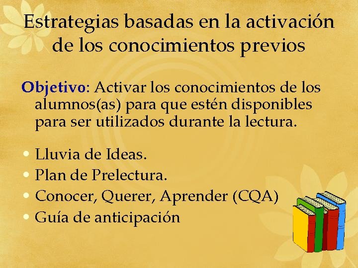 Estrategias basadas en la activación de los conocimientos previos Objetivo: Activar los conocimientos de