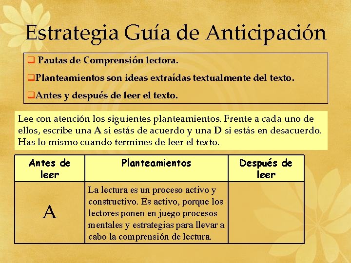 Estrategia Guía de Anticipación q Pautas de Comprensión lectora. q. Planteamientos son ideas extraídas