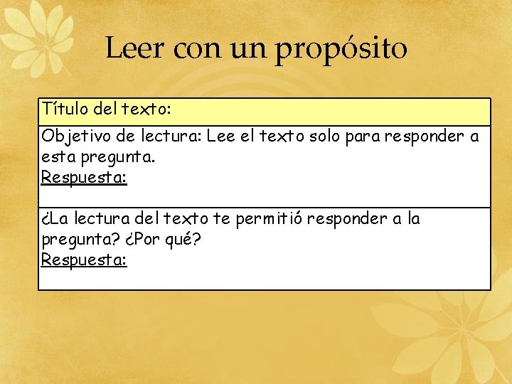 Leer con un propósito Título del texto: Objetivo de lectura: Lee el texto solo