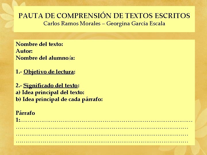 PAUTA DE COMPRENSIÓN DE TEXTOS ESCRITOS Carlos Ramos Morales – Georgina García Escala Nombre PAUTA DE COMPRENSIÓN DE TEXTOS ESCRITOS Carlos Ramos Morales – Georgina García Escala Nombre